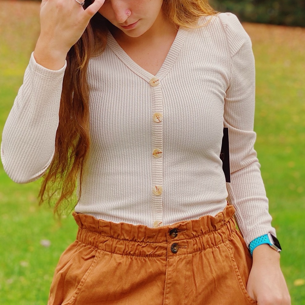 Cream Ribbed Button-Up Cardigan Long Sleeve